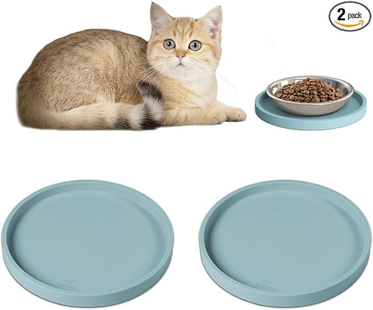 Arespark Pet Silicone Food Mat, 6in x 6in Set of 2 Nonslip Waterproof Feeding Bowl Mat with Raised Edges for Food and Water Prevent Spills, Round Eating Tray for Dog Cat Puppy Kitten (Light Blue)