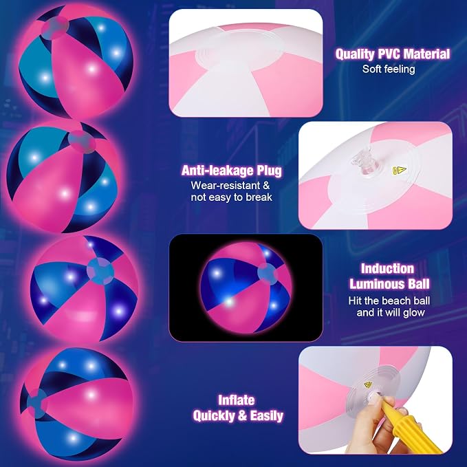 MiniInflat 12 Pcs Light up Beach Balls 16'' Jumbo Pool LED Balls Glow in the Dark Neon Giant Inflatable for Summer Hawaiian Tropical Theme Beach Party Decor Water Accessory (Pink)