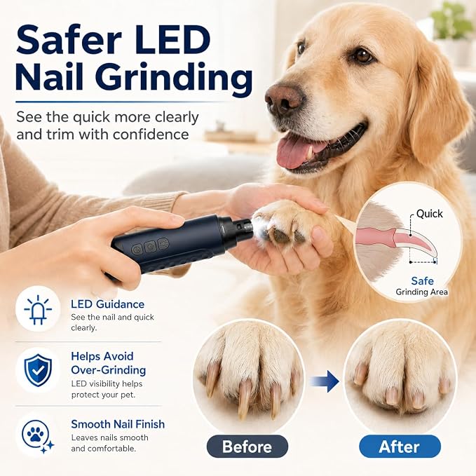 2026 Upgraded Silent Groom Pro Nail Grinder, 6-Speed Dog Nail Grinder with Led Light, Grooming Pro Pet Nail Grinder with 2 Grinding Heads, Pet Nail Trimmers for Small Medium Large Dogs & Cats