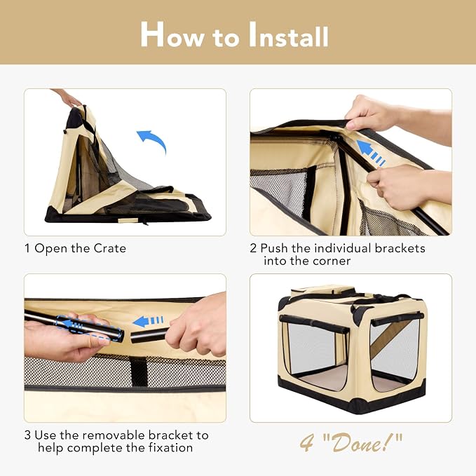 HICC PULE Collapsible Portable Kennel, 36 Inch Large/Medium Dog Kennel, 3-Door Soft-Sided Pet Crate for Indoor/Outdoor, Car Trip, Beige