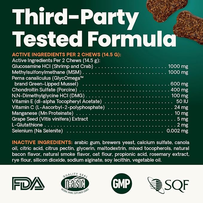VetriScience Ultimate Strength Hip & Joint Supplement for Dogs, GlycoFlex Plus – MSM, Chondroitin & Green-Lipped Mussel Chews for Mobility, Flexibility, Comfort & Support, Bacon Flavor, 60 Cnt