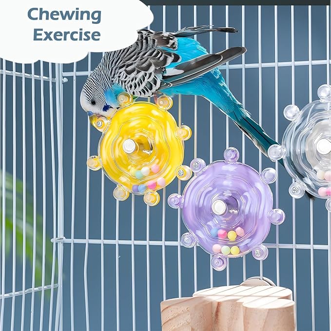 Bird Perch Toy with Mirror for Cage, Wooden Interactive Rocking Exercise Wheel, Spinner Rattle Chewing Enrichment Toy, Cage Accessories for Parakeet Cockatiel Conure (1pc, Random Color)
