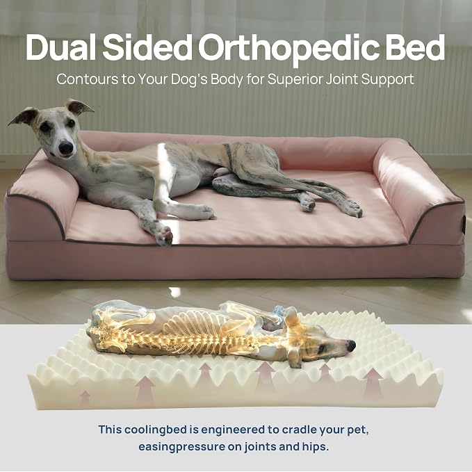 Cooling Dog Bed Large Sized, Orthopedic Pet Cooling Beds with Sides, Breathable Egg Crate Foam with Removable Washable Cover, Q-Max>0.45, Non-Shedding Hair, Dusty Rose