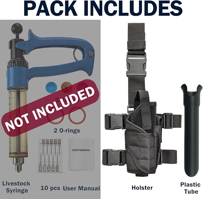 Heavy Duty Holster for Livestock Syringe Belt Mounted Carrier with Leg Strap Hands Free Holder Compatible with 50mL Repeater Injectors Safety Needle Guard for Farm & Ranch Use, Black