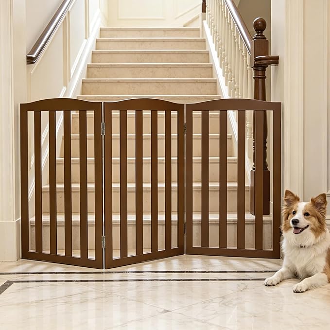 Freestanding Dog Gate Indoor,Doggie Gate Foldable Pet Gates for Doorways,Stairs or Hallways, Wooden Brown Pet Gate for the House, Pet Fence,32 "Height-3 Panels