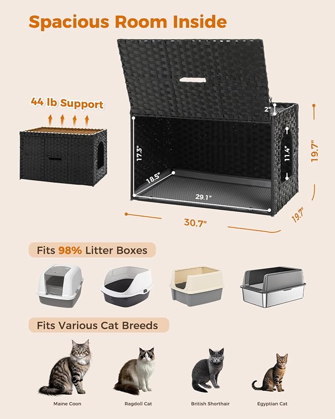 MUTTROS Rattan Cat Litter Box Enclosure - Hidden Litter Box Furniture by Handwoven Wicker with Taller Doorway & Raised Edge Mat-Cat House Cabinet for Large Cats Indoor Living Room Odor Control, Black