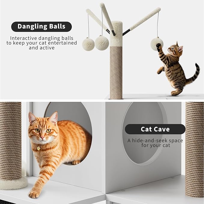 Garvee 53.7-Inch Litter Box Enclosure with Cat Tree, 2-in-1 Modern Large Cat Tower for Indoor Cats with Condo/Hammock/Scratching Post/Plush Perch/Caves, Wooden Hidden Litter Box Furniture, White