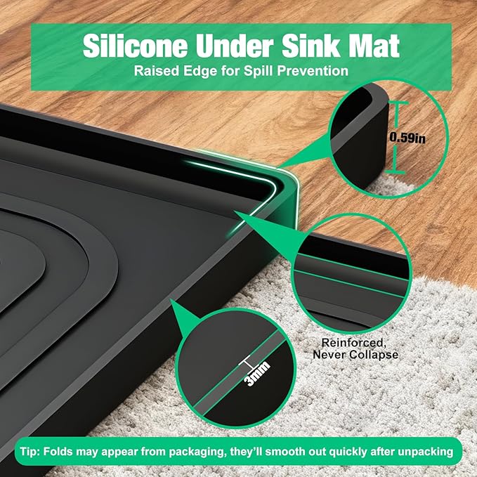 Aisslro Under Sink Mat 34" X 22", Waterproof Silicone Cabinet Organizer Protector with Raised Edge, Kitchen & Bathroom Leak Tray, Shelf Liner & Pet Feeding Mat for Dog Cat Food Mats, Black