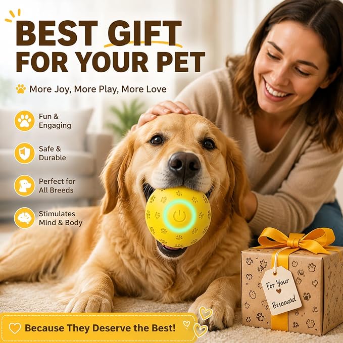 Interactive Dog Toy Ball, Durable Motion Activated Automatic Moving Ball for Small/Medium/Large Dogs, Rechargeable Dog Ball with LED Lights, 2 Play Modes to Keep Your Dog Busy (Yellow)