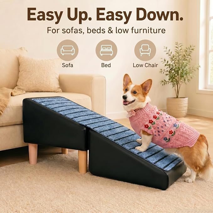 Large Dog Stairs for Bed 17" H - Heavy Duty Non-Slip 2-in-1 Ottoman | Fits 12-17" Medium Beds/Couches, Supports 30-80lbs Dogs for Senior Pets