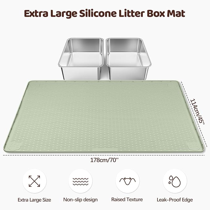 Cat Litter Mat, XXL Extra Large 70" x 45" Silicone Mat Litter Trapping Mat for Scatter Control, Soft on Kitty Paws, Easy to Clean (Green)