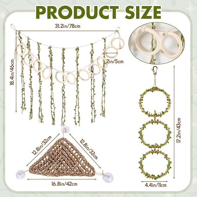 Nuogo 3 Pcs Snake Climbing Vines Climbing Rings Woven Hammock Reptile Enrichment Accessories Reptile Tank Cage Decor Habitat Accessories for Corn Snakes, Bearded Dragon, Chameleon, Lizard