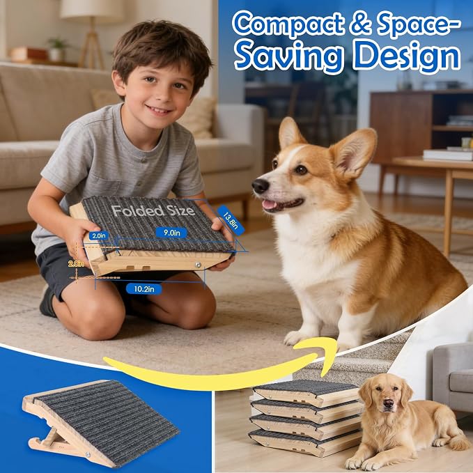 Dog Ramp for Stairs 2 Pack - Adjustable Solid Wood Stair Wedges for Small & Senior Dogs, Foldable Indoor Pet Ramp with 2 Heights (4.2"/5.1"), Triangular Support & Non-Slip Carpet, No Assembly (13.7"L)