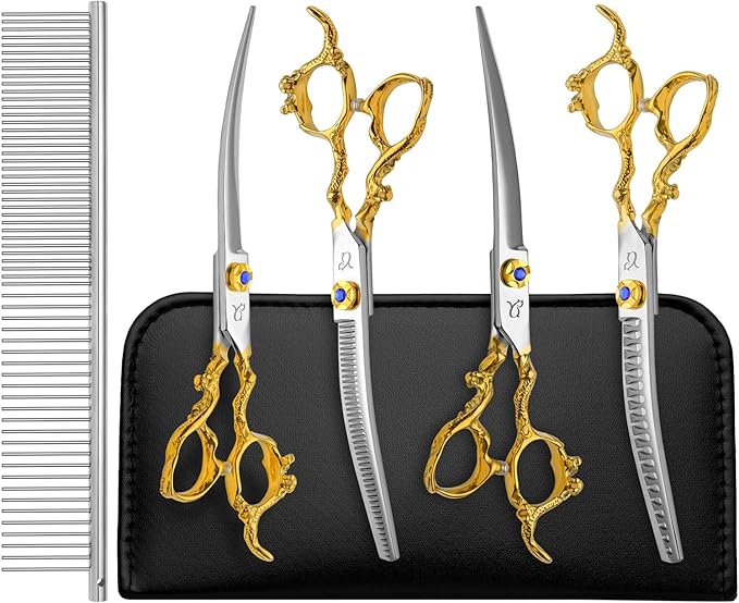 Dog Grooming Scissors,Dragon Curved Chunkers Shears and Curved Thinning Shears Deg Grooming with Safety Round Tips, Sharp and Comfortable 4 in 1 Dog Scissers for Grooming