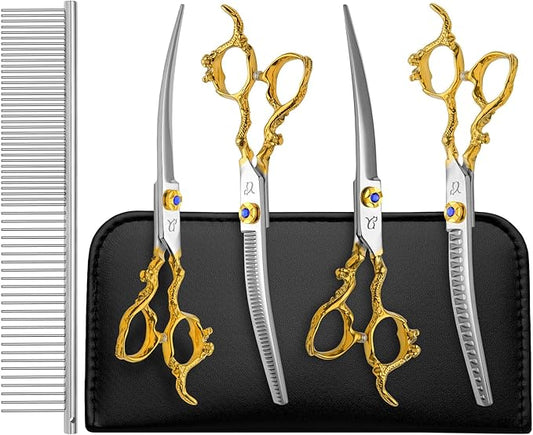 Dog Grooming Scissors,Dragon Curved Chunkers Shears and Curved Thinning Shears Deg Grooming with Safety Round Tips, Sharp and Comfortable 4 in 1 Dog Scissers for Grooming