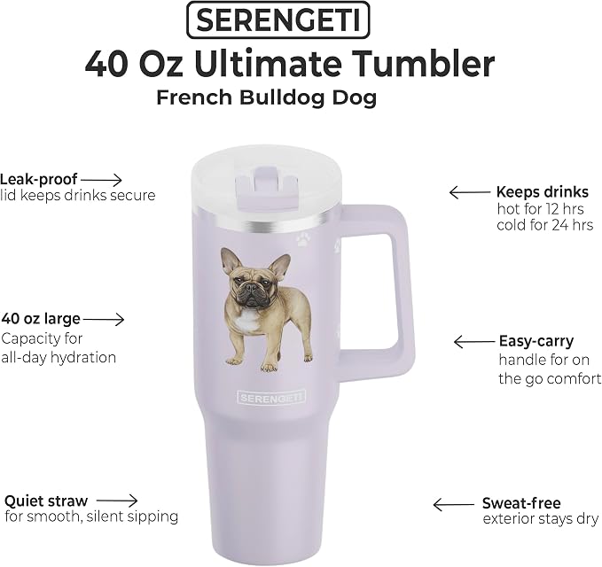 SERENGETI 40 Oz Ultimate Tumbler with Handle and Straw - Vacuum Insulated Tumbler with Straw and Lid - Stainless Steel Travel Mug for Pet Lovers - 3D Designs of your favorite Dog (French Bulldog)