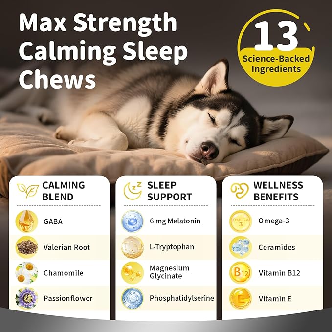 Melatonin for Dogs - Advanced Dog Calming Chews for Restful Sleep & Emotional Support, Calming Treats for Dogs Stress Anxiety Support - Separation, Thunder, Fireworks, Chicken Flavor, 90Ct