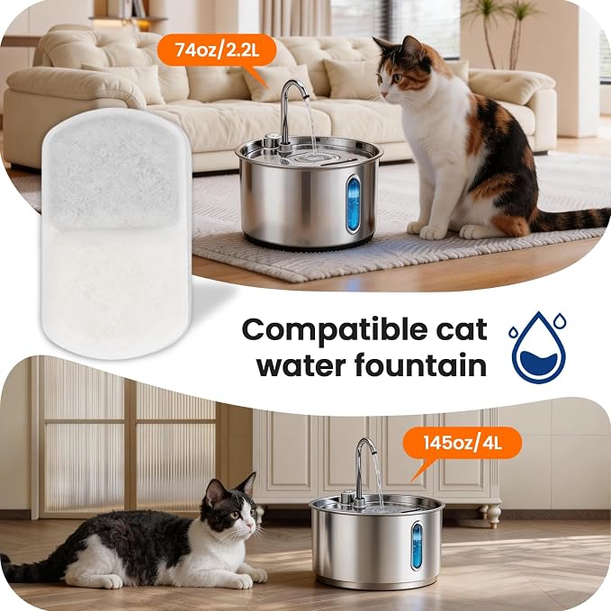Cat Water Fountain Filter, 6 Pack Replacement Filters & 6 Pack Sponges for 74oz/2.2L & 135oz/4L Stainless Steel Cat Fountain, Pet Water Dispenser Filter