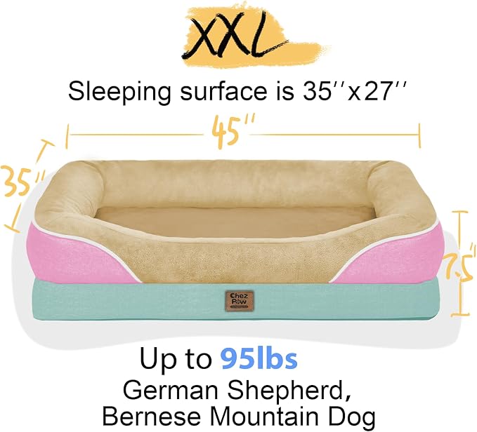 Chez Paw XXL Orthopedic Dog Bed for Extra Large Dogs, Extra Thick Egg-Crate Foam Waterproof Pet Couch with Removable Washable Cover, 4-Sided Bolster & Non-Slip Bottom, Ivory Pink 45"x35"x7.5"