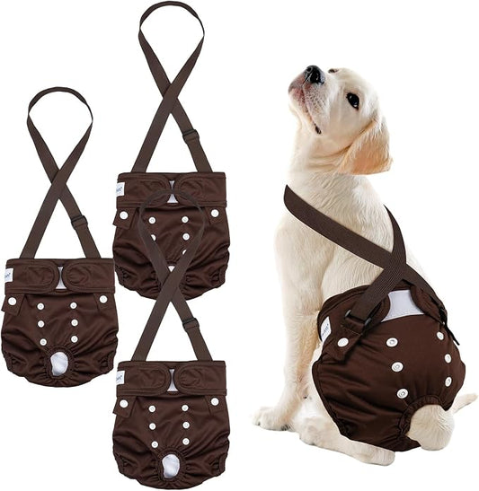 Pet Soft Dog Diapers Female with Suspenders, 3 Pack Reusable Female Dog Diapers for Heat, Dog Period Panties for Doggie in Cycle(Medium, Bear Brown)