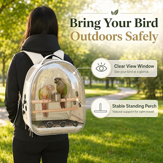 Bird Carrier Backpack for Small Medium Birds, Bird Travel Cage with Adjustable 2 Wooden Perches, Removable Tray, Feeder Cups Sunshade Cover,Bird Backpack for Parakeet Cockatiel Conure Quaker Lovebird