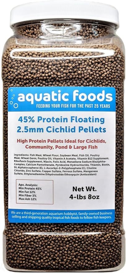 Cichlid Pellets, 45% Protein Floating 2.5mm (3/32") Pellets for Smaller Discus,Oscars, Central American, South American Cichlids…4-lb 8oz Lg Jar