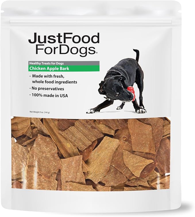JustFoodForDogs Limited Ingredient Healthy Dog Treats and Dog Snacks, Jerky Treats, Human Grade, Preservative Free, Rawhide Free Chews, Low Calorie Treat - Chicken Apple Bark, 5 oz