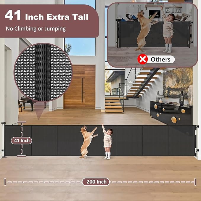 Reinforced 41" Extra Tall Pet Gate, 200" Retractable Baby Gates Extra Wide Retractable Dog Gate with Support Rods, Indoor Extra Long Baby Gate Retractable Fence Outdoor Garage Gates for Dogs, Black