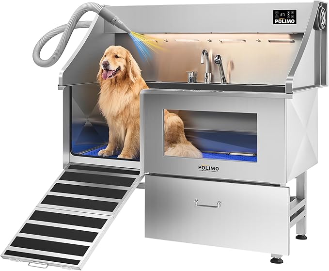 POLIMO Dog Washing Station with Built-in Pet Dryer and LED Display 61" (Left Ramp), 304 Stainless Steel Dog Bathtub for Large Medium Small Dogs, Wash and Dry Grooming Tub with Faucet, Storage Drawer