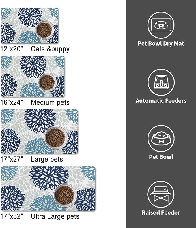 Dog Food Mats for Floors, Absorbent and Quick-Drying Pet Cat Food Mat,Anti-Fouling and Easy-to-Clean Pet Feeding Mat,Dog Bowl Mat for Messy Drinking Water Bowls.17x27, Bohemia Dahlia Floral Style