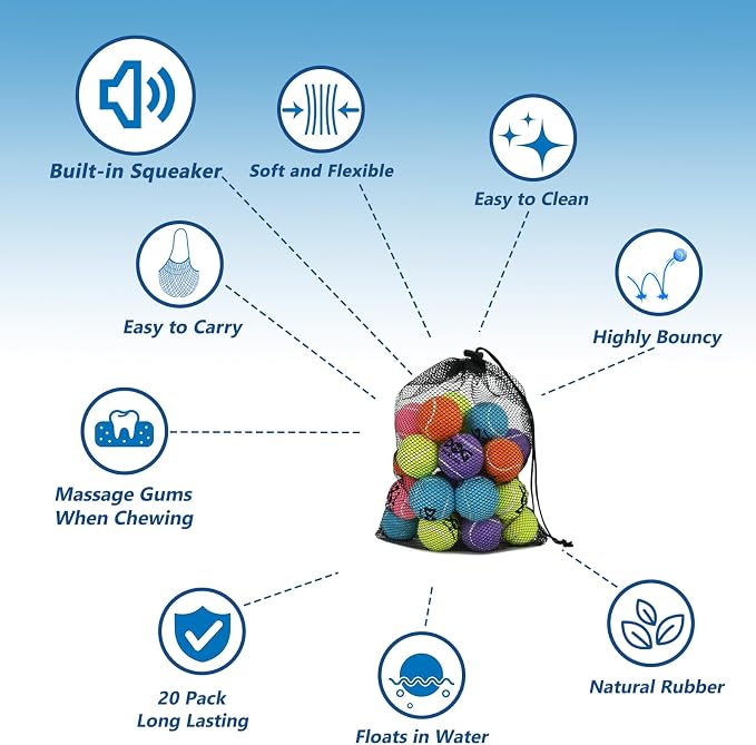 INSUM 20 Pack Small Tennis Balls for Dogs - 2 Inch Squeaky Dog Balls Toys with Mesh Bag, SGS Certified, Durable Non-Toxic, Built in Squeaker, Small Breeds