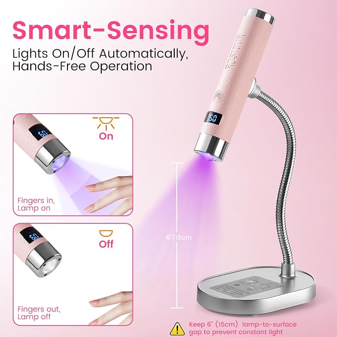 Mini U/V Lamp for Gel Nails- Rechargeable Handheld Nail U V Led Curing Light with Stand- Flash Cure Fast Dry U/V Lamp with Auto Sensor for Home Manicure and Salon (Pink)
