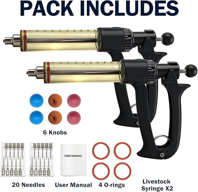 2-Pack 50mL Semi Automatic Livestock Syringe Adjustable Dosage Repeater Injector (1-5mL) with Luer Lock Tip for Cattle, Sheep, Goats & Pigs Continuous Injection Gun for Farm Herd, Black