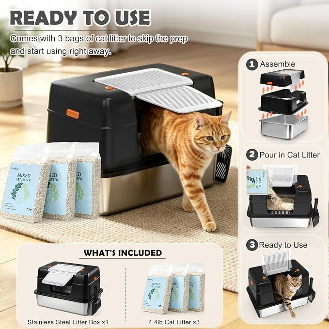 Vivifying XL Stainless Steel Cat Litter Box with 13.2 lb Cat Litter, Black | Stainless Steel