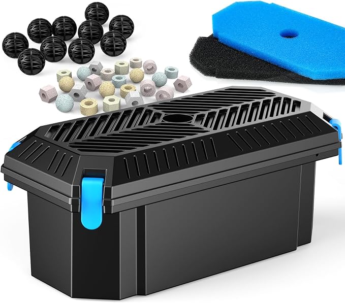 POPOSOAP Pond Filter for Outdoor Ponds, Filter Box with 2 Filter Pads and 20 Bio-Balls for Outdoor Pond Pump Submersible Fountain Pump