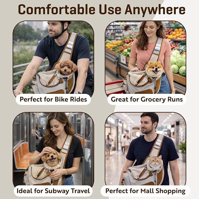 Hands-Free Sling Pet Carrier for Cats and Small Dogs up to 7lbs – Travel Set Includes Foldable Water Bowl & ID Card – Breathable Mesh, Safety Hook & Adjustable Padded Strap for Walking & Travel