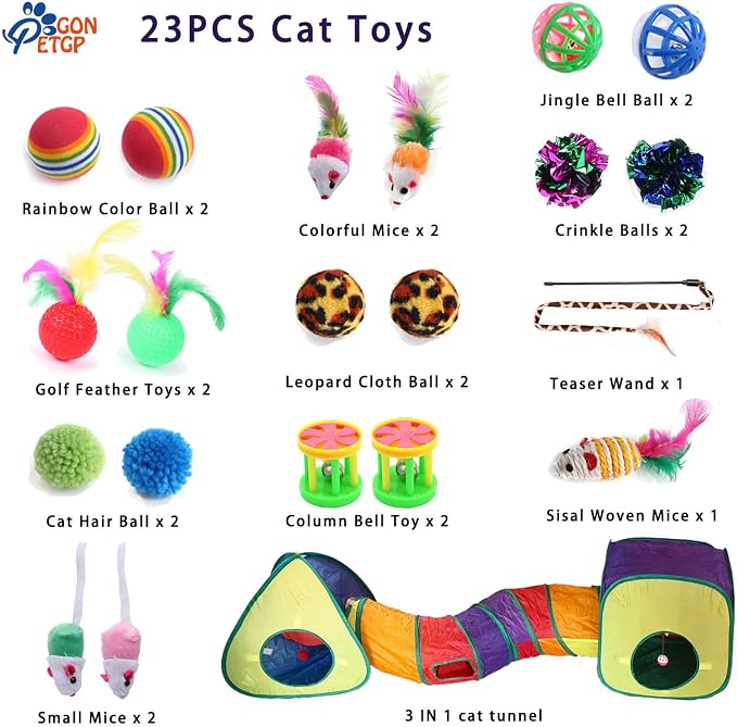 GONPETGP Cat Toys for Indoor Cats, Kitten Toys Set, Collapsible Pet Tunnel Cube Tent Toys, Interactive Cat Feather Teaser Wand Cat Bell Balls Fuzzy Ball Springs Mouse Toys (Rainbow)