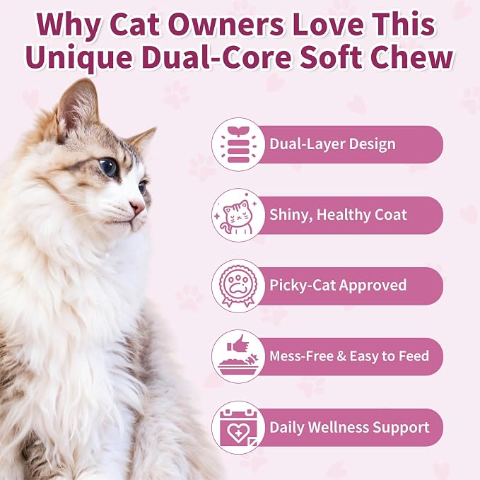 Omega 3 for Cats - 500 Skin & Coat Health Crunchy & Creamy Chews with Omega 3, Biotin & Vitamin E for Healthy Skin, Shiny Fur, Cat Supplements & Vitamins -Chicken Flavor
