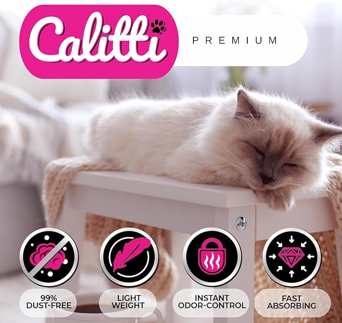 Calitti Premium Crystal Cat Litter – Ultra Absorbent & Maximum Odor Control – 99.9% Dust-Free, Low Tracking, Non-Clumping Silica Gel – Unscented – 32 lb (4 x 8 lb Packs)
