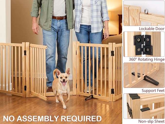 Wooden Freestanding Dog Gate Indoor, 23" H Wood Dog Gates with Door Walk Through, No-Painted Folding Doggy Gate for Doorway, Portable Puppy Fence for Stairs- 8 Panels