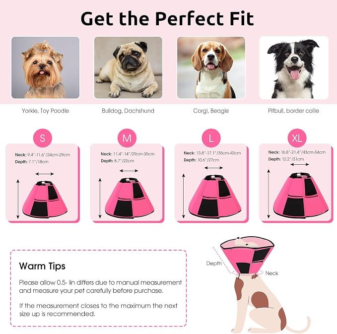 Queenmore Dog Cones for Small Dogs, Soft Cone for Dogs After Surgery, Adjustable Comfy Cone for Dogs & Cats, Comfortable Pet Cone After Surgery for Wound Healing, Pink S