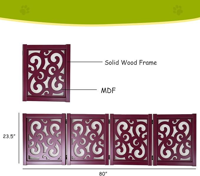 Ashfield & Harkness: 4-Panel Pet Gate - Scroll Mahogany - Wooden Foldable Freestanding Dog Fence, 80 x 23.5, Doorway-Halls-Stairs, 360 Rotated Hinges