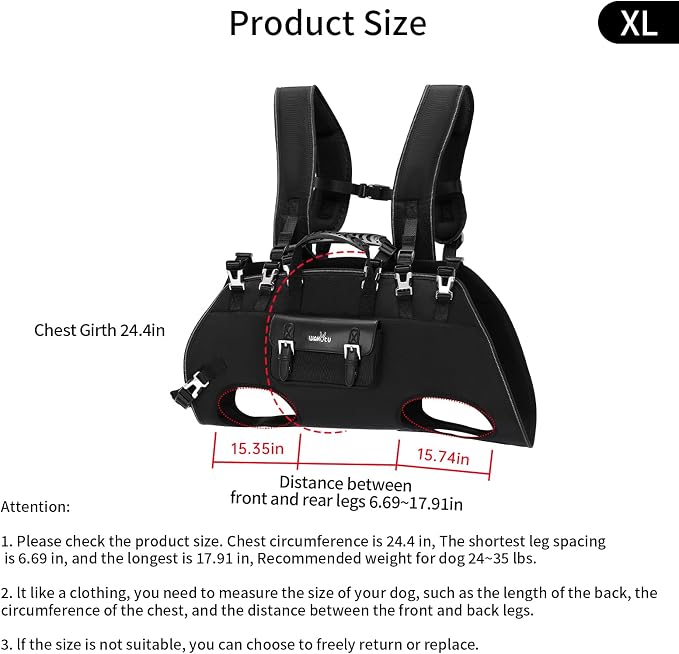 Wakytu Dog Backpack Carrier for Dogs,Dog Lift Harness,Adjustable Padded Breathable Straps for Dogs, Disabled, Joint Injuries, Arthritis,XL