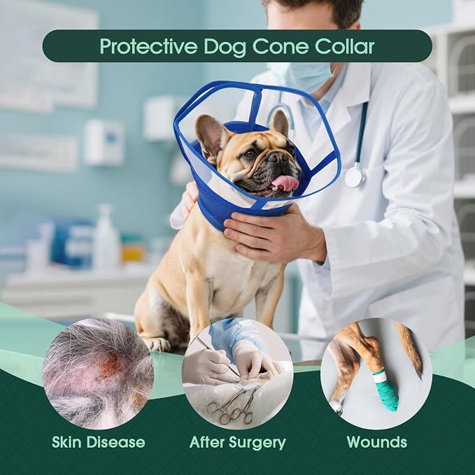 Kuoser Medium Dog Cone Collar After Surgery, Soft Cone for Dogs to Stop Licking, Breathable Pet Recovery Collar Comfy Elizabethan Collars, Adjustable Protective Dog Cones for Medium Dogs, Blue M