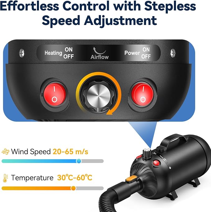 Dog Dryer, 2800W Dog Hair Dryer with Adjustable Speed and Heater, Professional Dog Blow Dryer with 4 Nozzles
