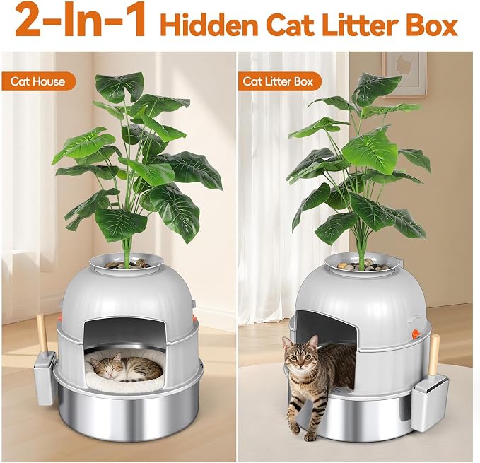 Hidden Cat Litter Box Enclosure with Artificial Plant, Stainless Steel Litter Box Furniture, Decorative Round Planter Includes Scoop, Pebbles, Carbon Filter, Easy to Clean (Light Grey)