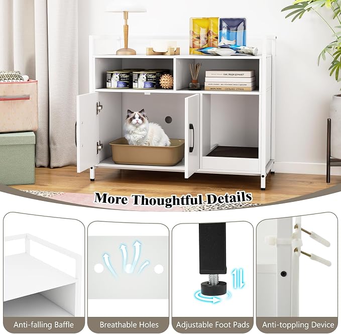 Tangkula Litter Box Enclosure, Enclosed Cat Box Cabinet with 2 Storage Compartment, Metal Frame, Scratching Board, Hidden Cat Washroom, Modern Litter Box Furniture for Indoor Kittens