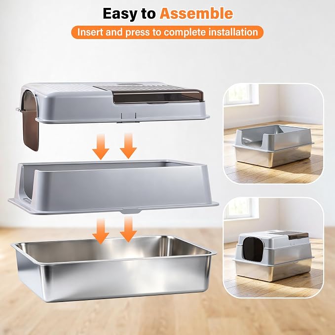 Enclosed Stainless Steel Cat Litter Box with Lid, XXXL Metal Litter Box with Collection Tray & Scoop, Odor-Free/Anti-Leakage & Non-Stick/Easy Clean, High-Sided Litter Box for Multiple Big Cats
