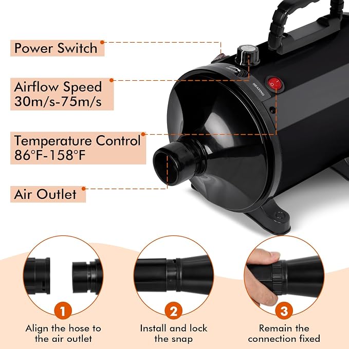 IVY&LANE Dog Hair Dryer for Pet Grooming,High Velocity Dog Dryer Force Blower with 4 Nozzles,Adjustable Speed and Temperature Control Dogs Blow Dryer,Noise Reduction,Black