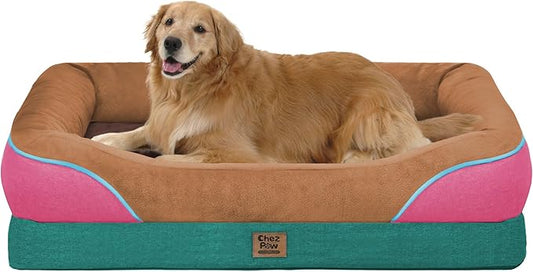 Chez Paw Large Orthopedic Dog Bed for Extra Large Dogs, Waterproof XL Egg-Crate Foam Dog Bed with Removable Washable Cover & Non-Slip Bottom, 4-Sided Bolster Support, Brown Mint 42"x30"x7.5"